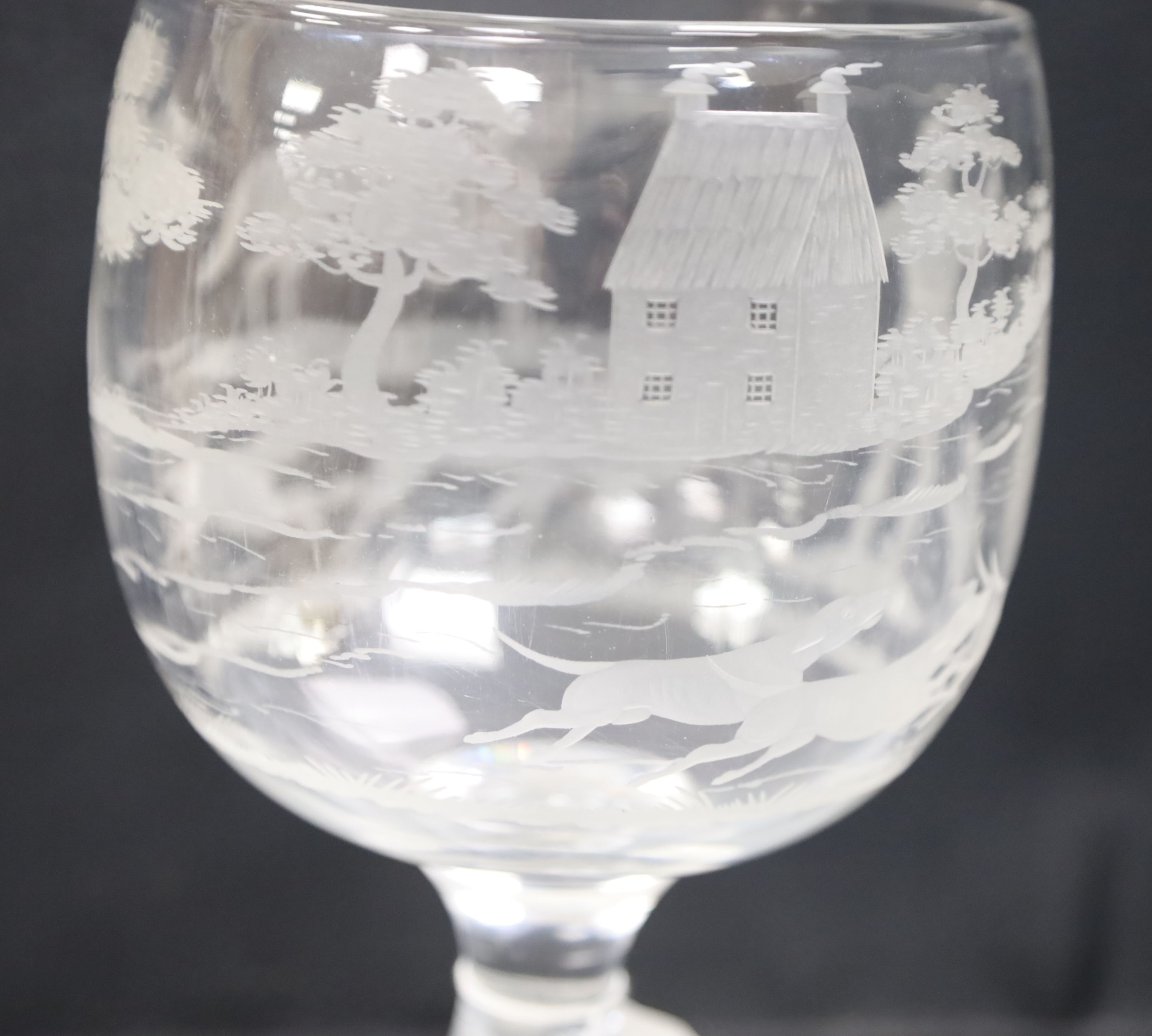 A large Victorian wheel engraved glass hunting rummer, height 21cm